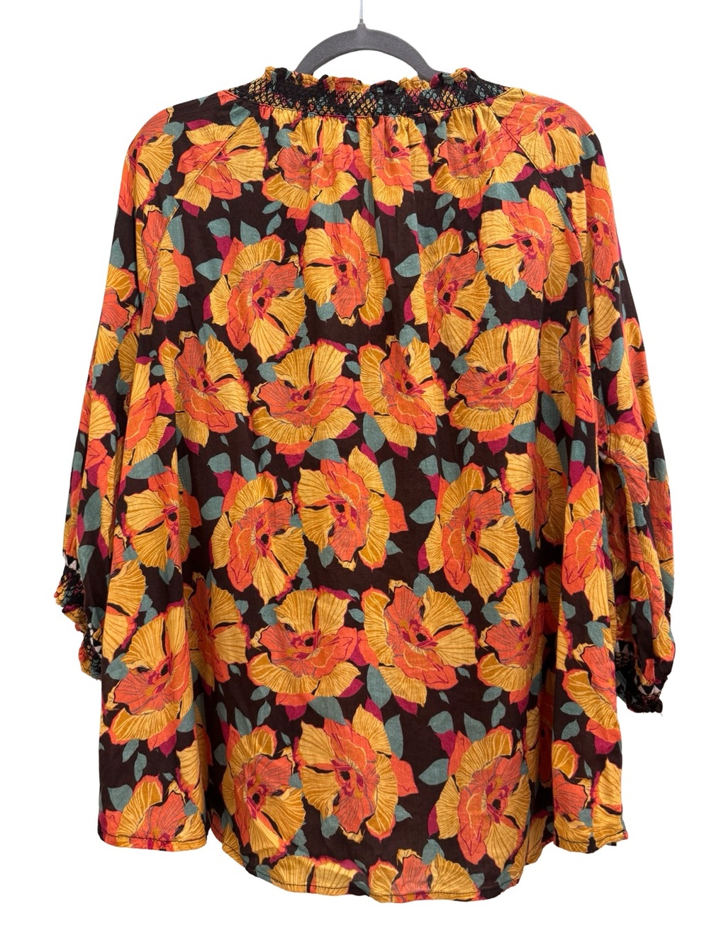 Sundance Black Blouse with Orange Floral Print and Green Leaves - Picture 7 of 9